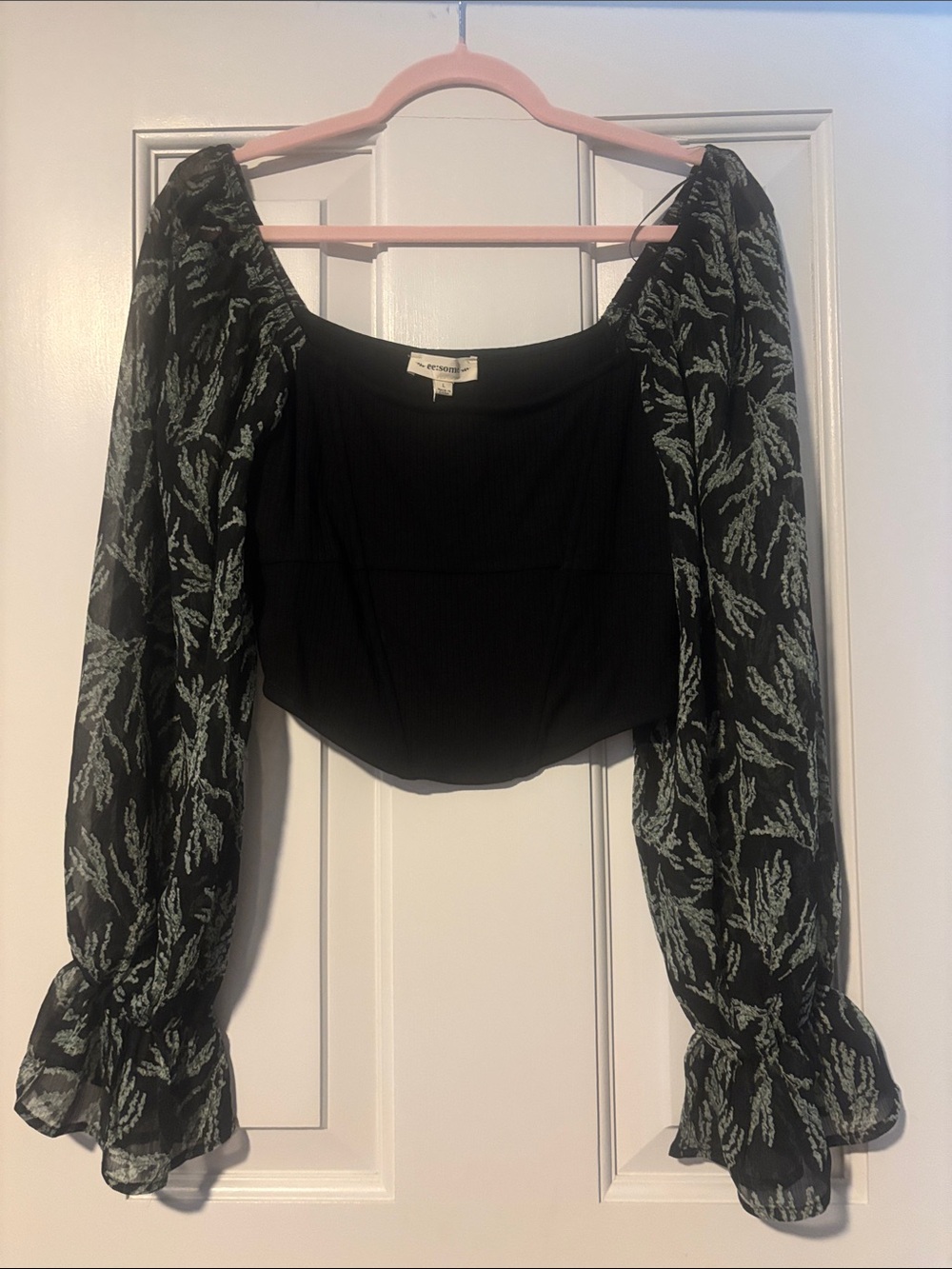 Black Corset Style Top with Printed Sheer Puff Sleeves - Feminine Women’s Top.